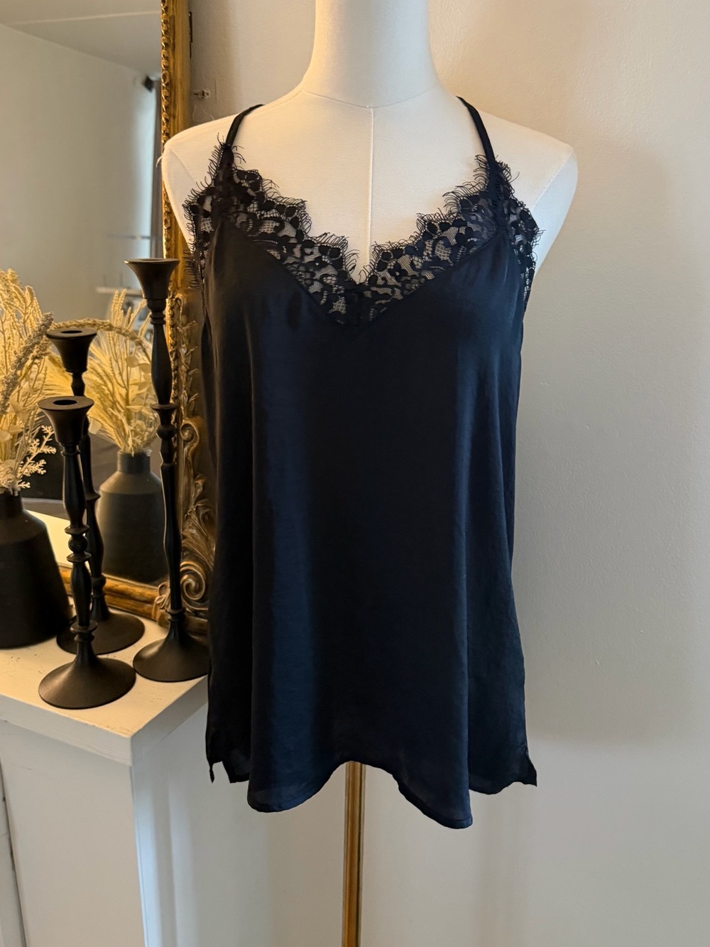 Allison Joy Black Satin Lace-Trim Chemise Cami